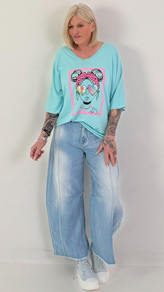 Oversized T-shirt met print op de voorkant - turquoise