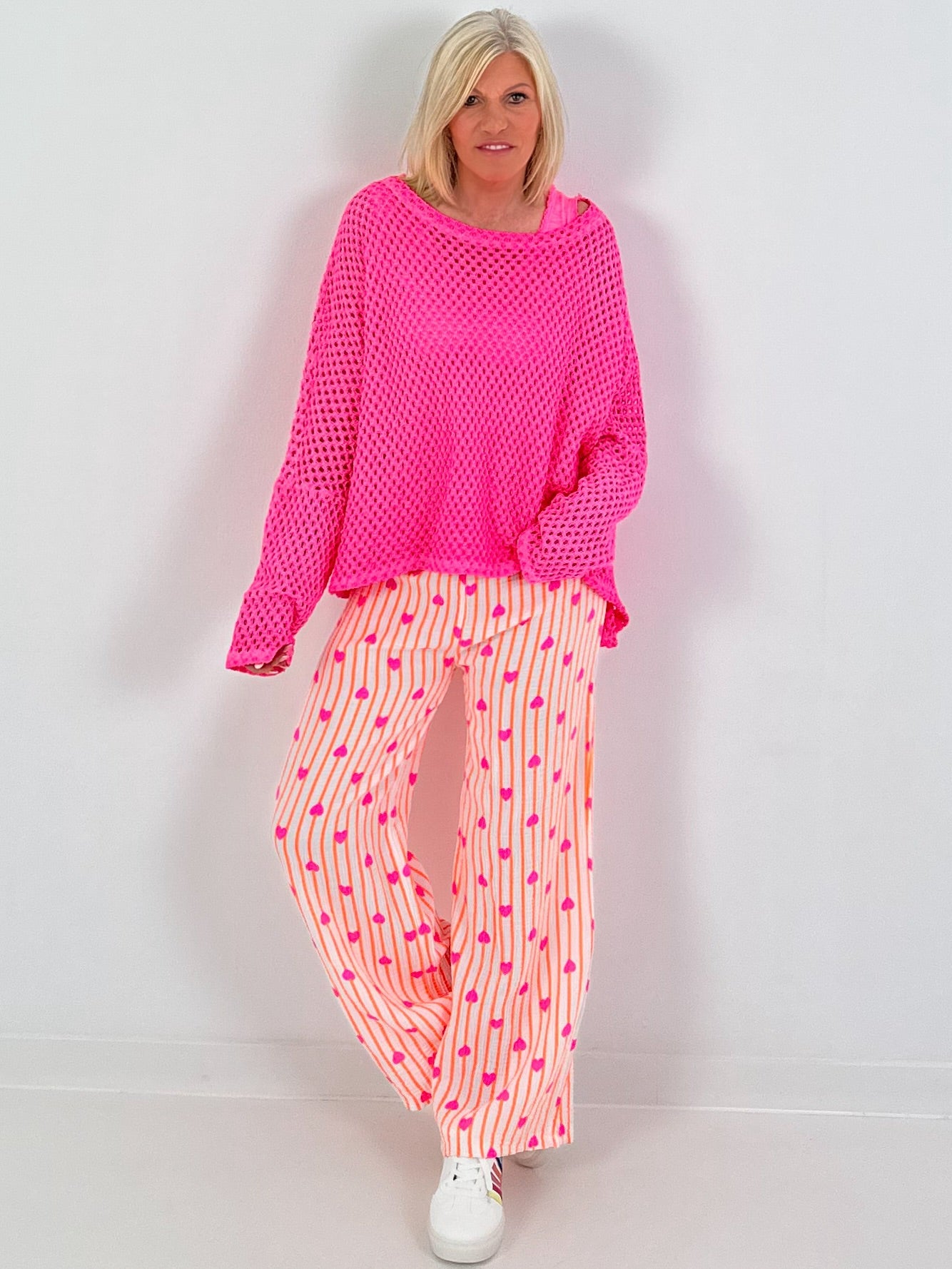 Musselin Hose mit Streifen - neonorange-weiss-pink