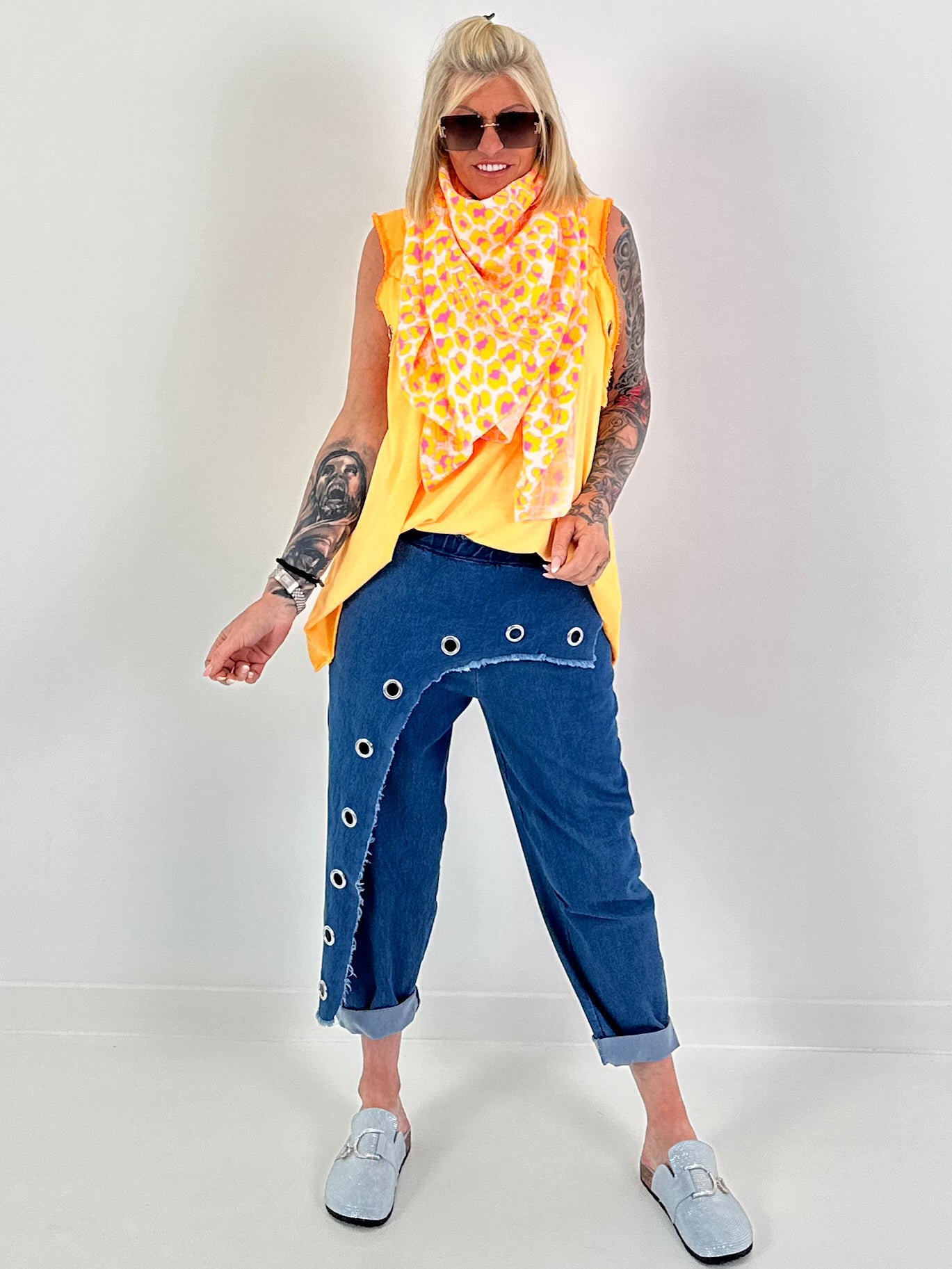 XL Musselin Tuch mit Leo Muster - weiss-gelb-neonpink