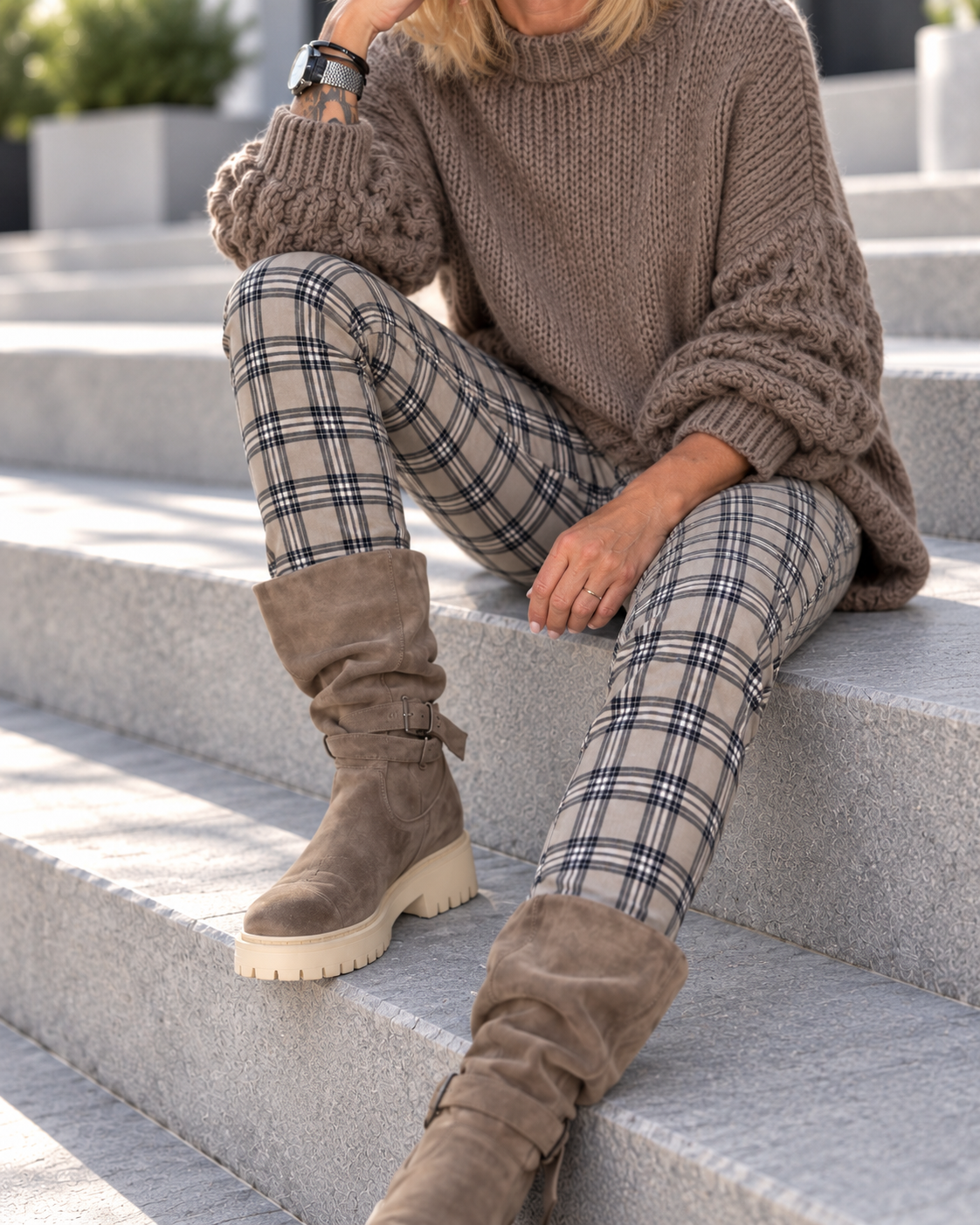 Hose im Karo-Look - taupe-mehrfarbig