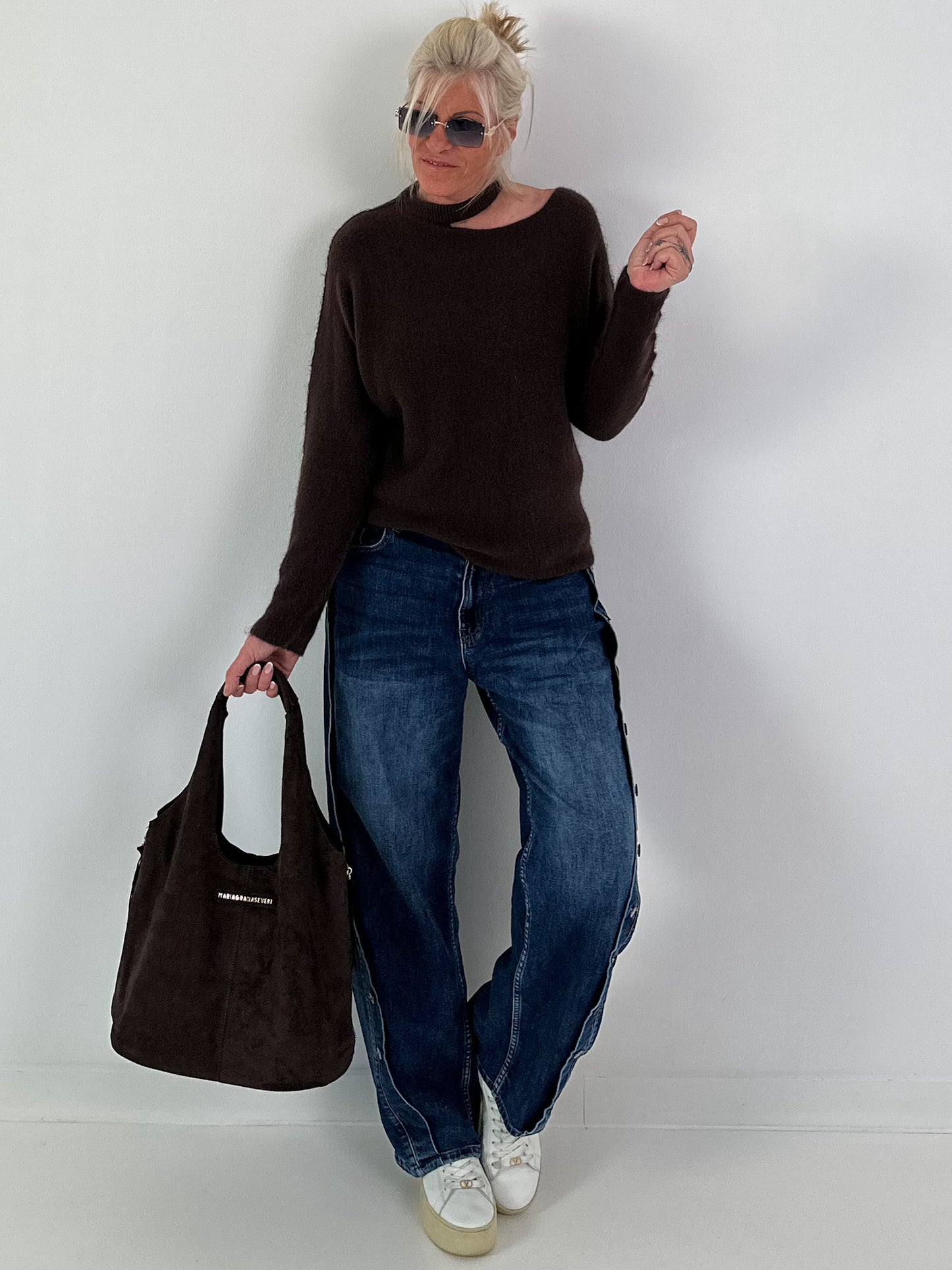 Knitted Cut-Out Sweater - mocha
