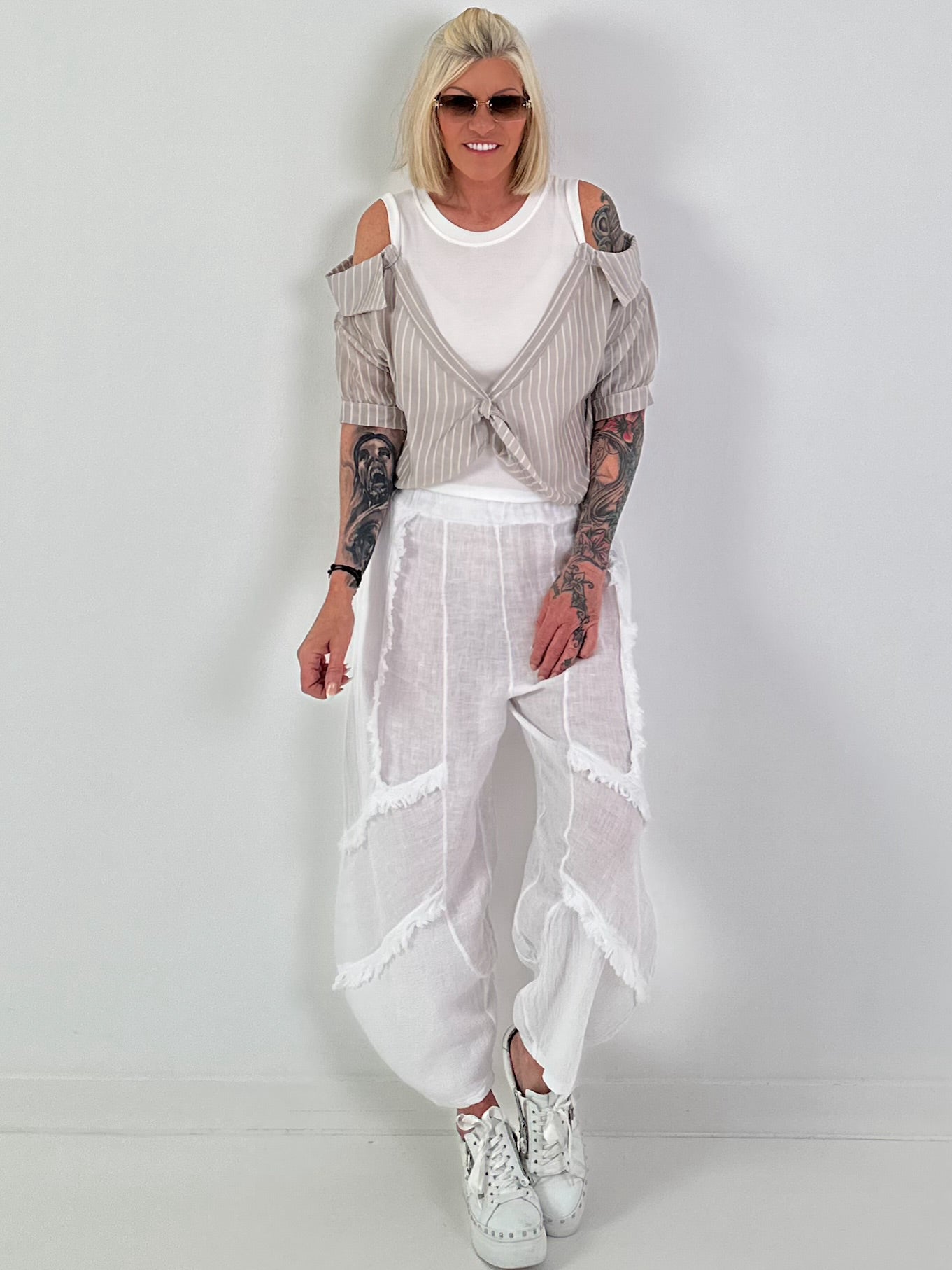 Rib Top with Blouse Layering - white-beige