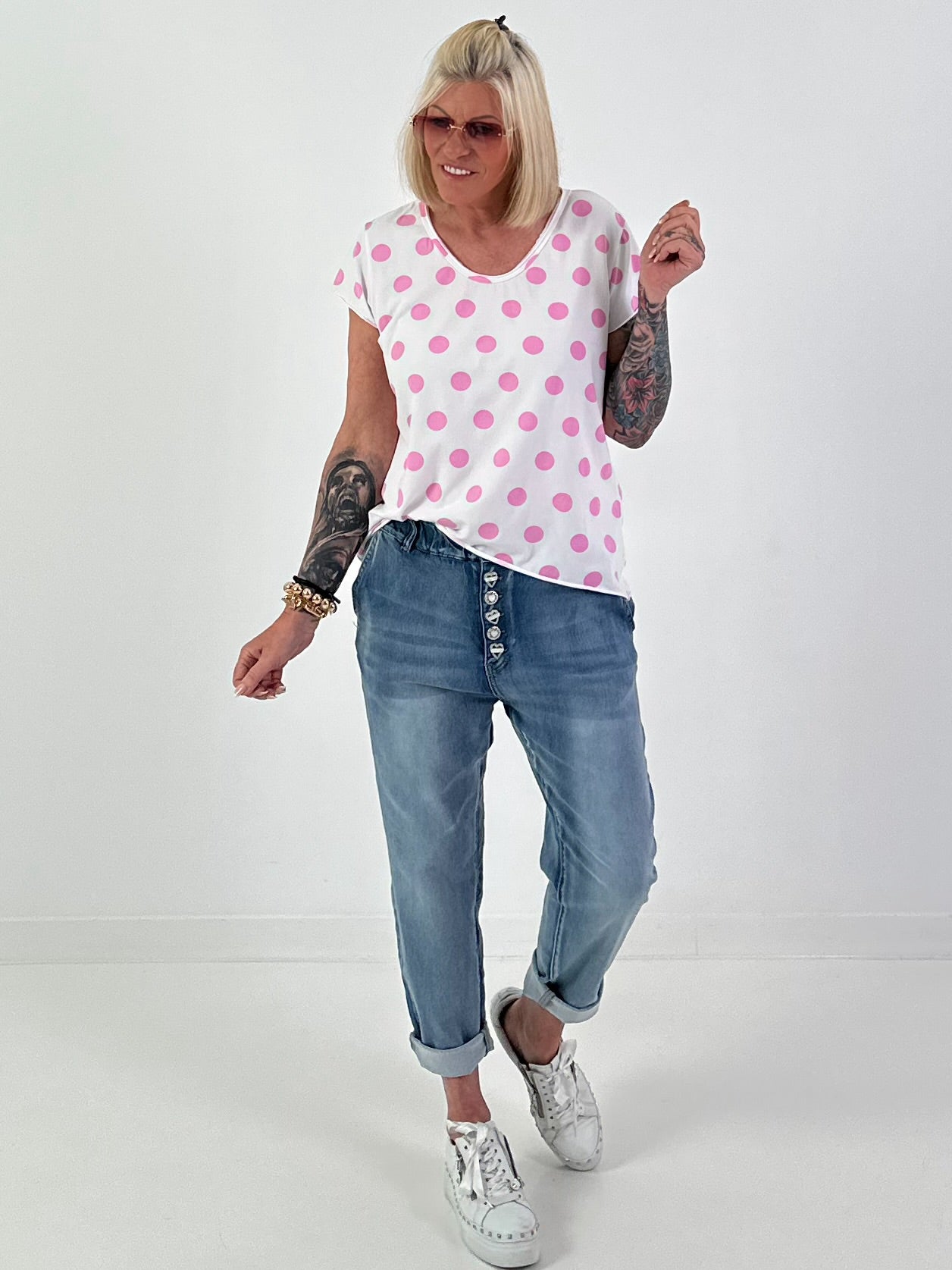 T-Shirt mit Punkten - weiss-rosa