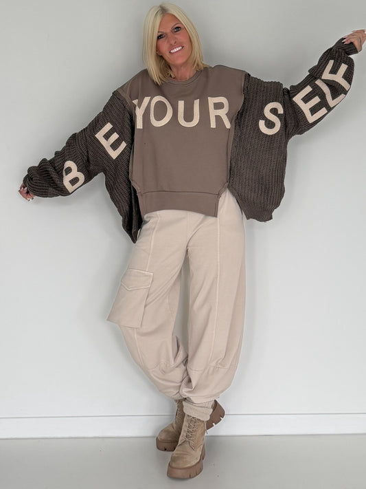 Sweater mit Strickeinsätzen - taupe