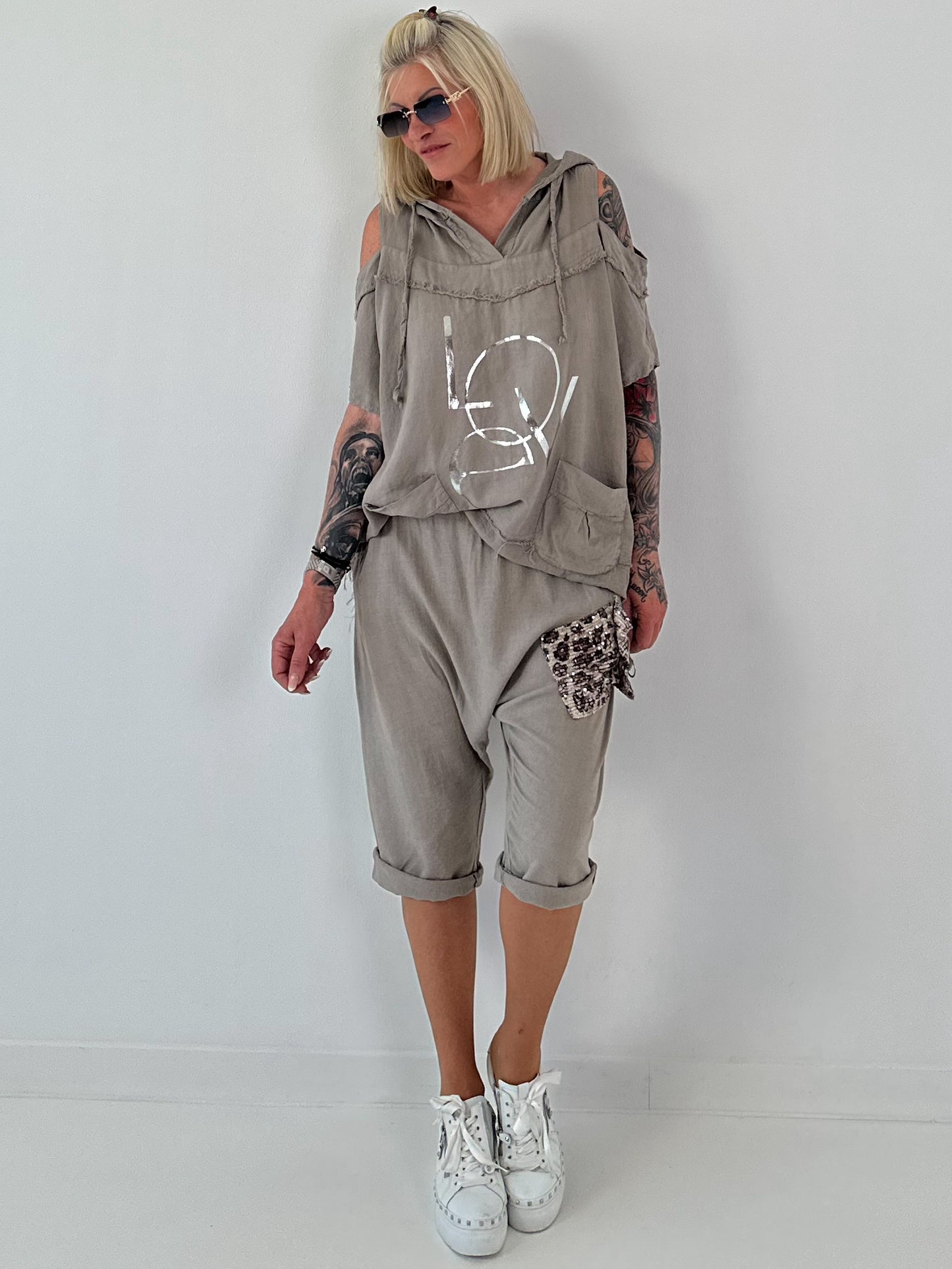 Short linen baggy dress with overlay and sequin details - khaki