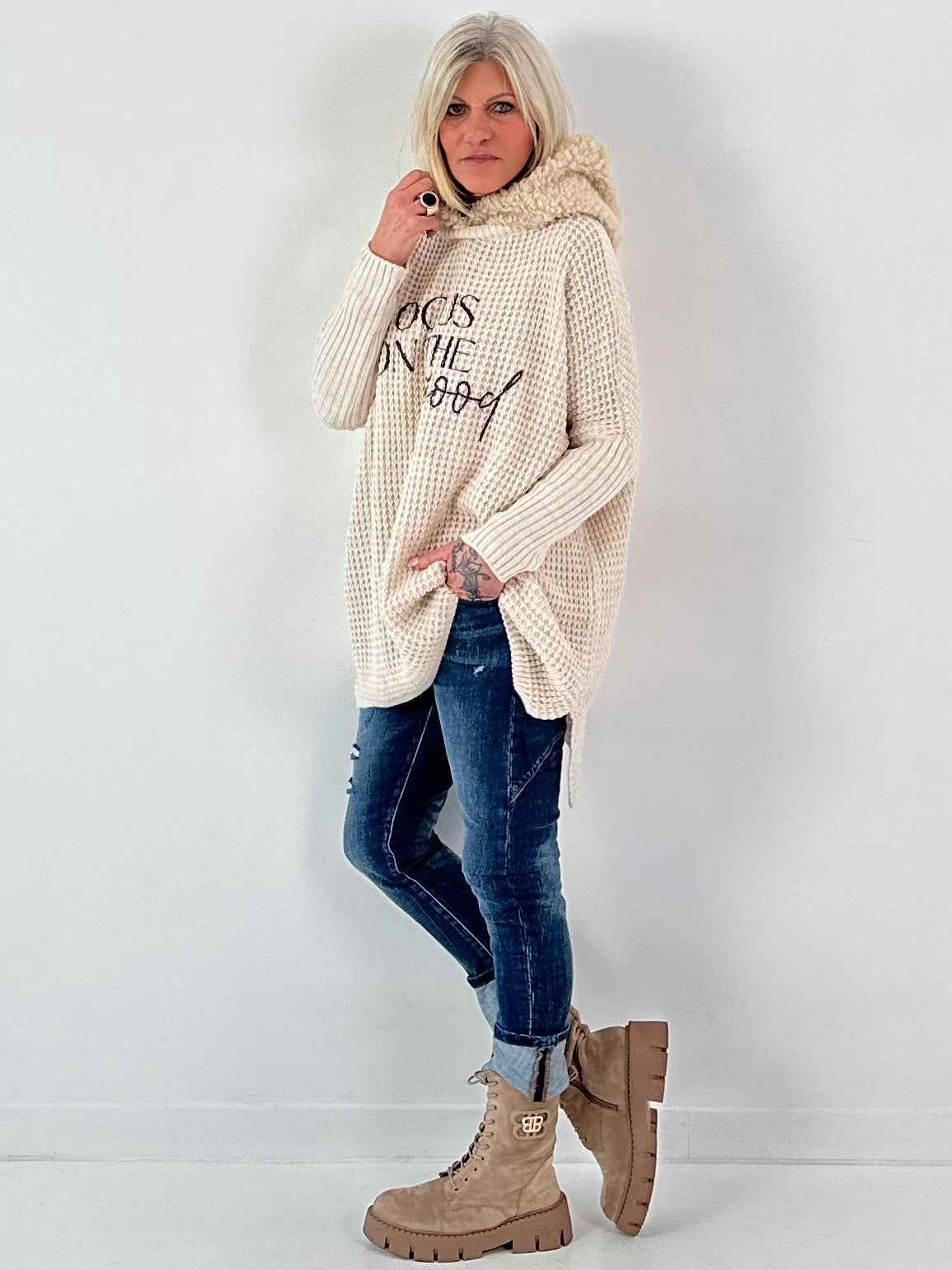 Pullover mit Teddy Kapuze Modell "Good Focus" - beige