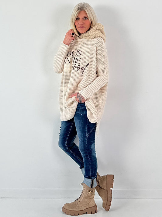 Teddy hooded sweater, "Good Focus" model - beige