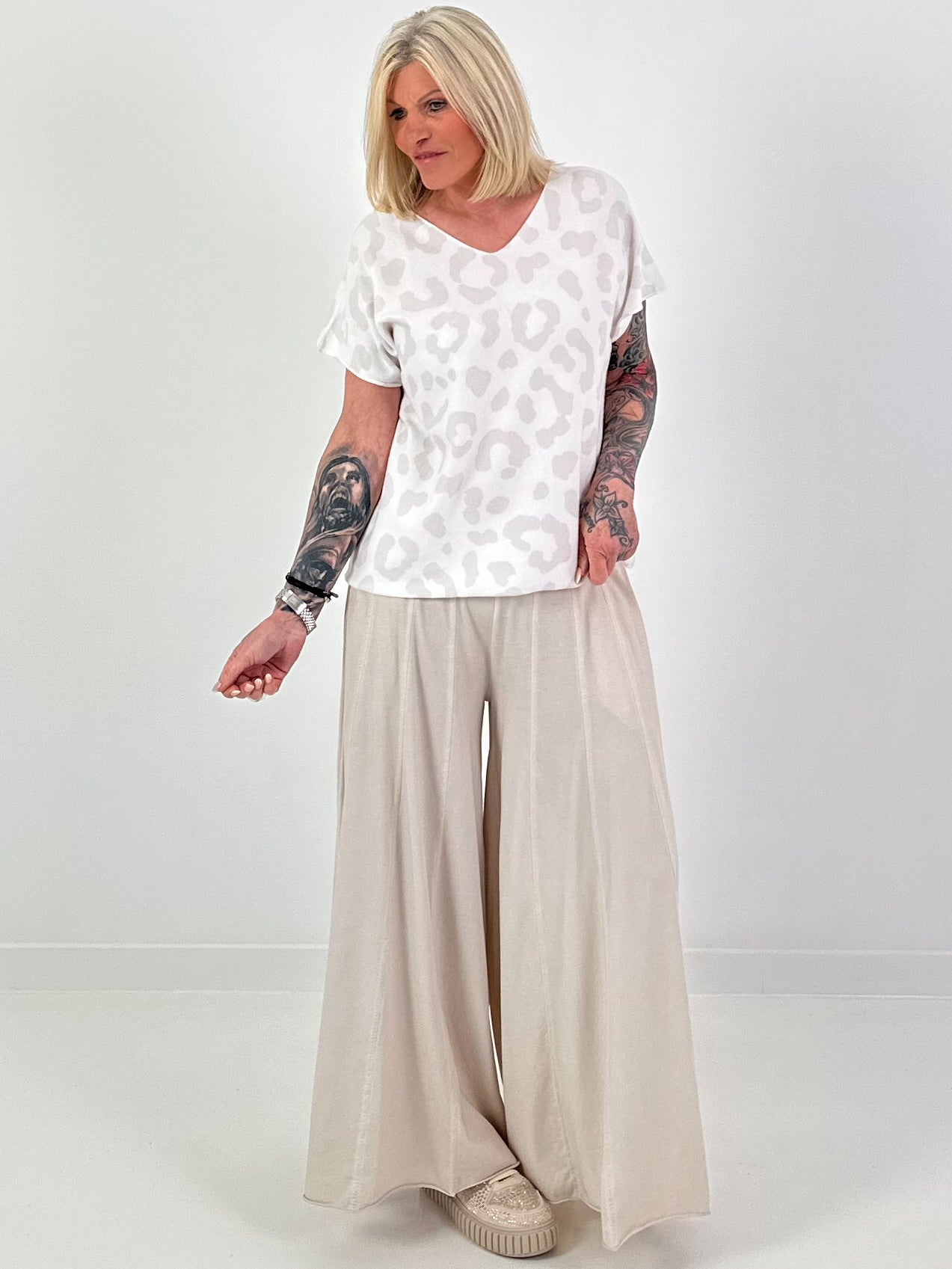 Fine-knit T-shirt Leo - white-beige