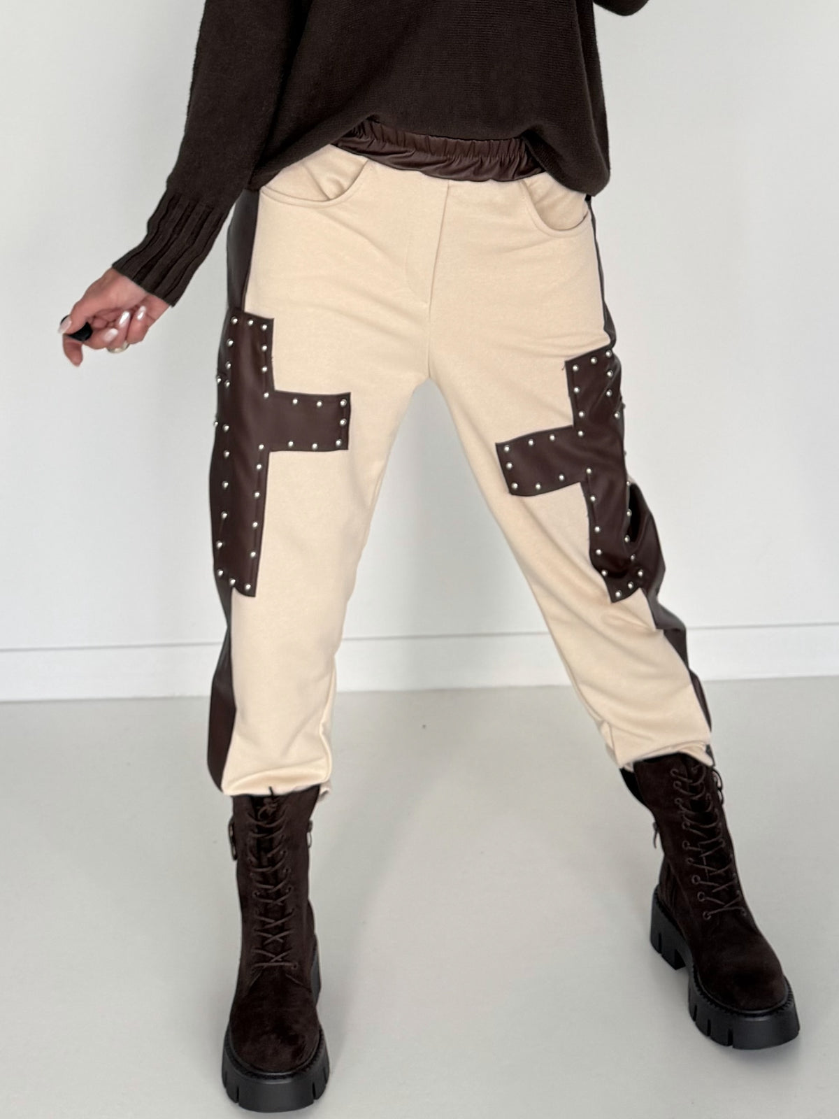 Sweathose im Materialmix - beige-mokka