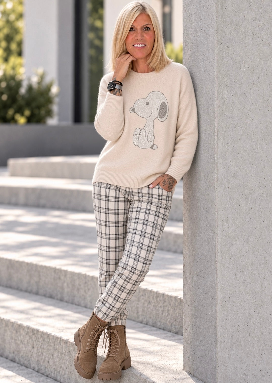Hose im Karo-Look - beige-mehrfarbig