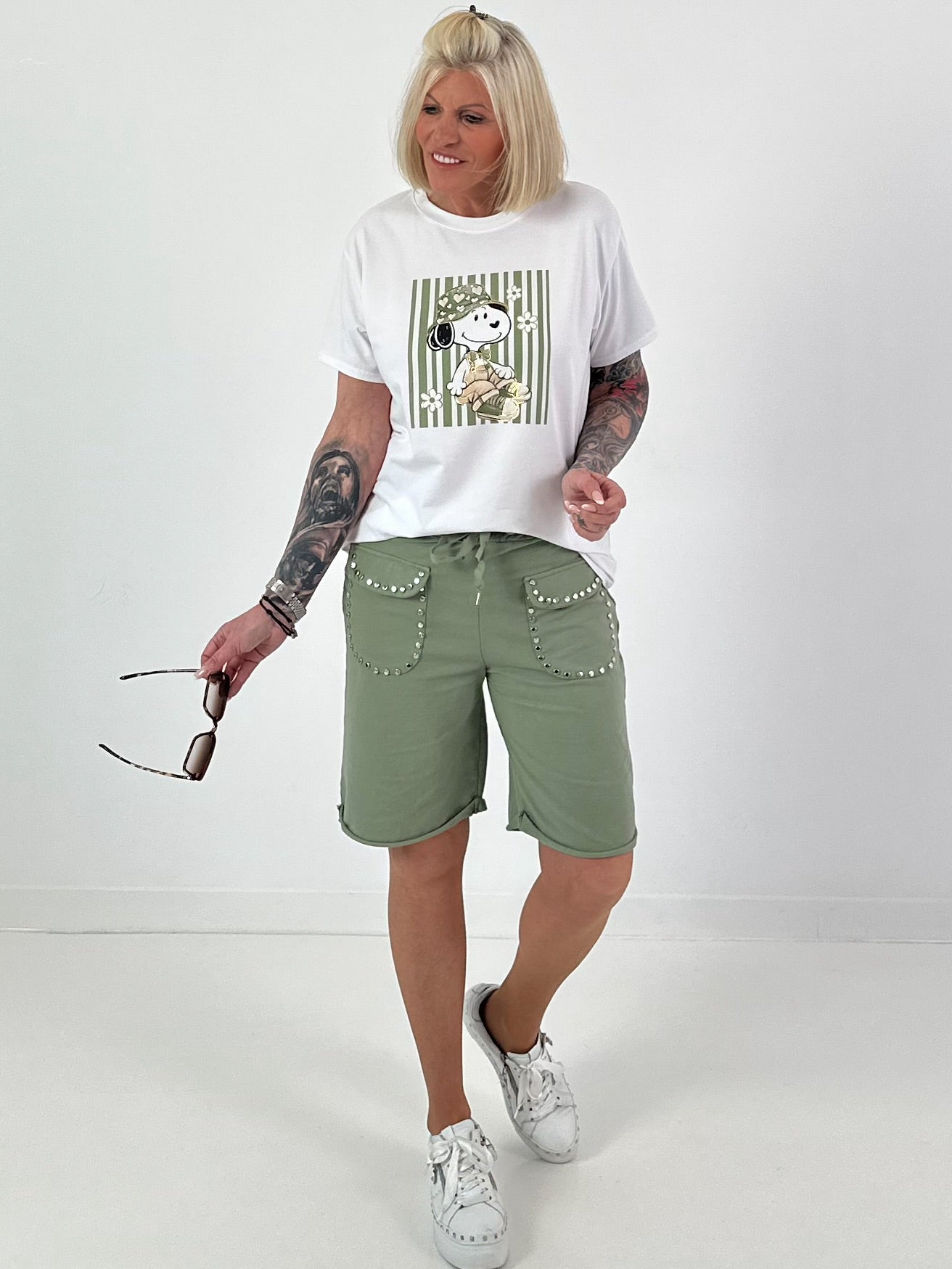 T-shirt met comicprint op de voorkant - wit-khaki