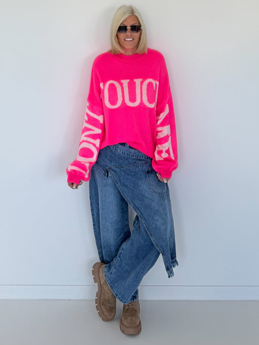Oversized Strickpullover Dont Touch Me - neonpink-weiss