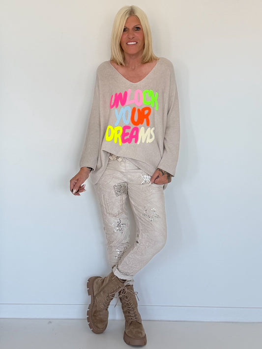 V-neck sweater Unlock Your Dreams - beige-multicolored
