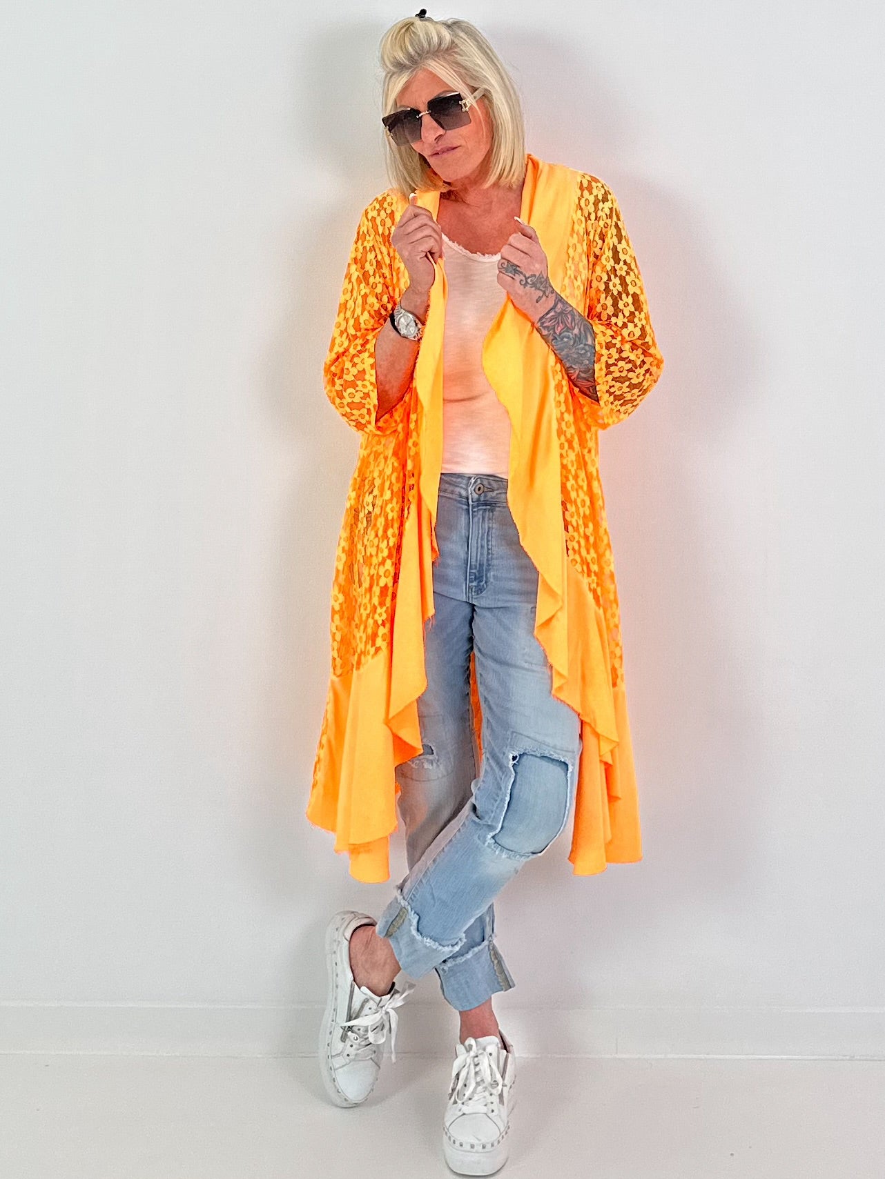 Lace coat in a material mix - neon orange