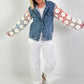 Denim jacket with crocheted sleeves