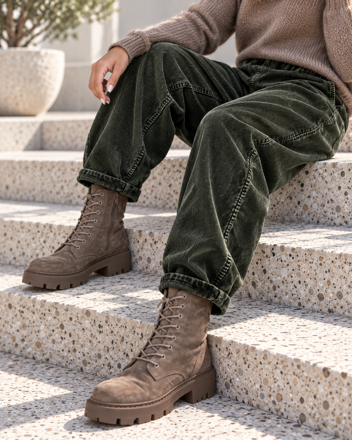 Weiche Ballon-Cordhose mit Gürtel - stone-washed-oliv
