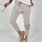 Baggy/Boyfriend trousers with side crochet flowers - beige