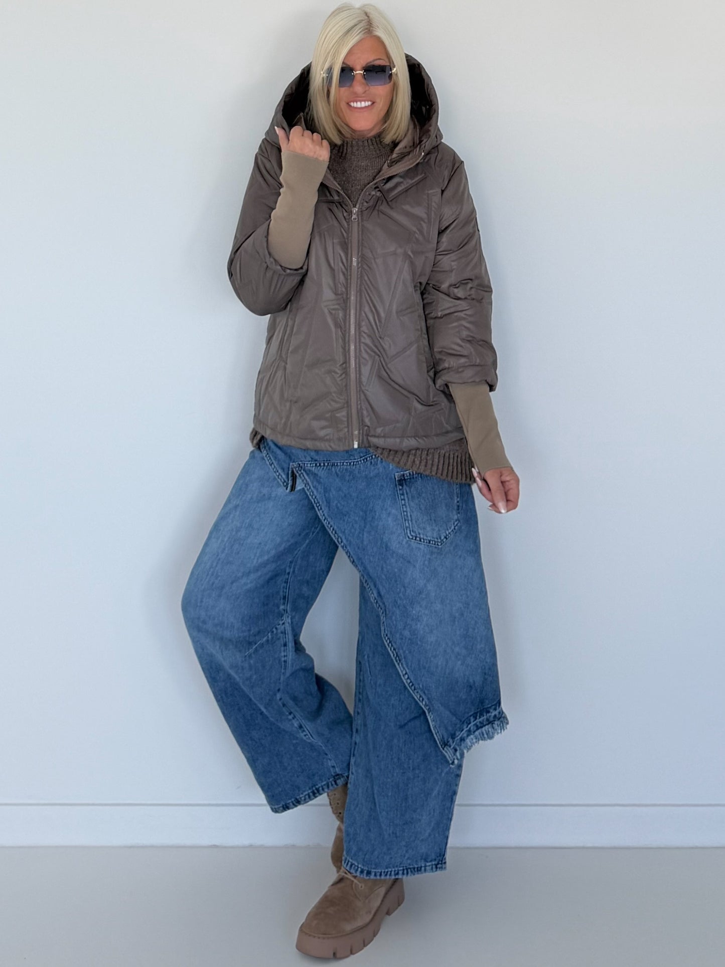 Jacke mit Strickarm und Kapuze - taupe