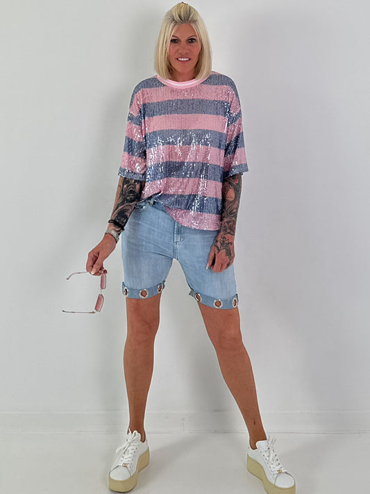 Pailletten Shirt mit Streifen - hellblau-rosa