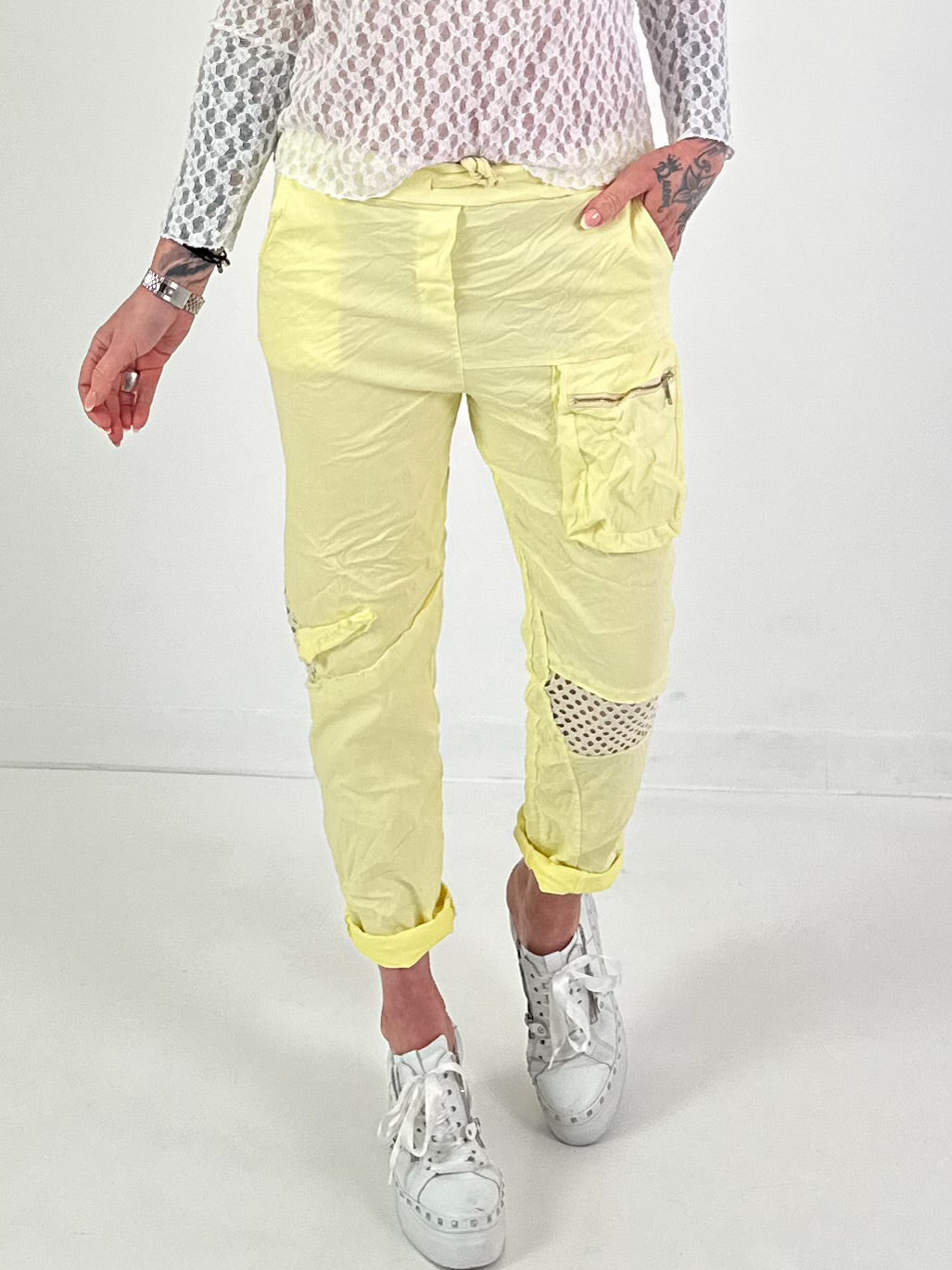 Broek met mesh-inzetstuk - geel