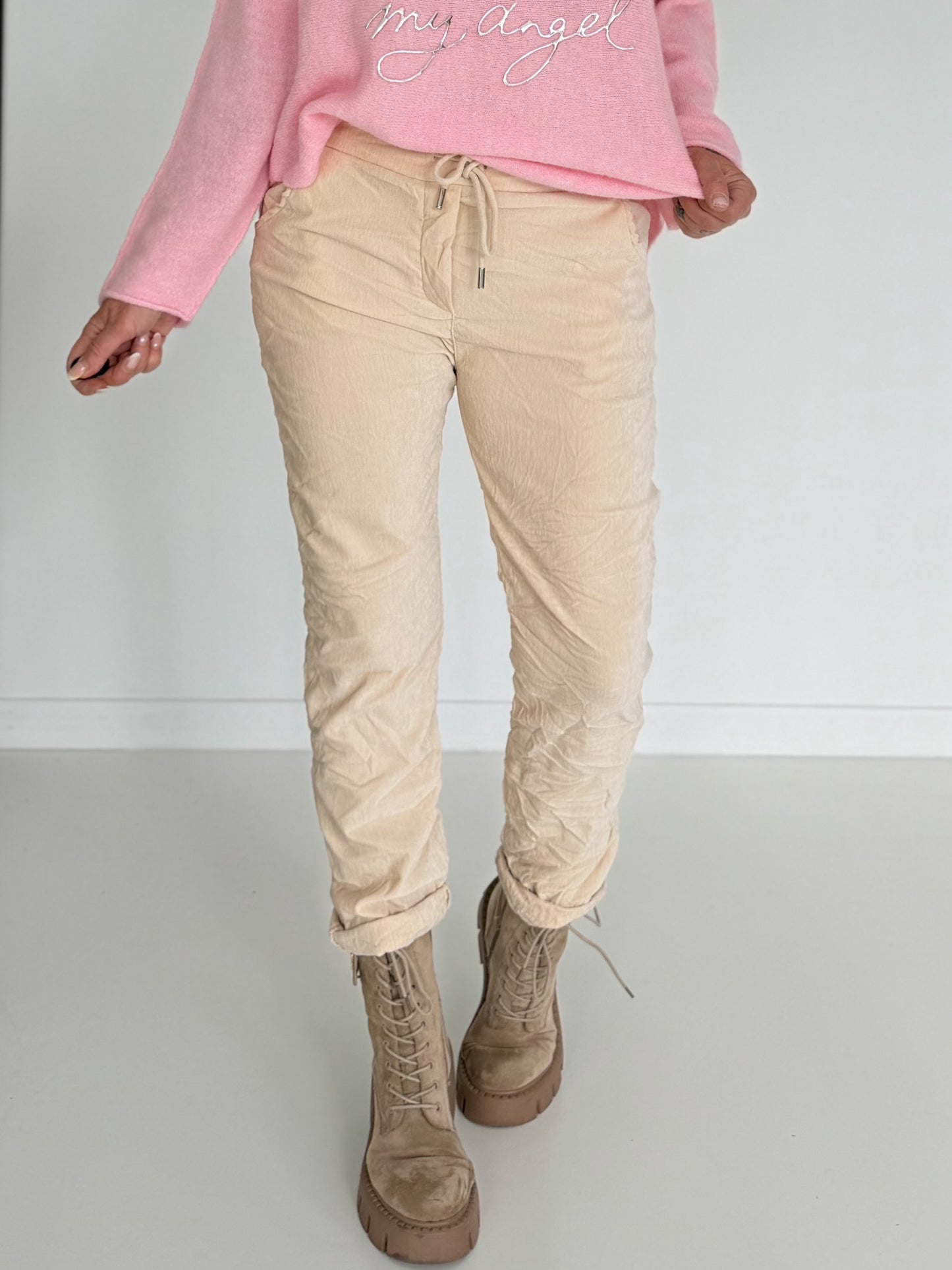 Hose in Knit-Look mit elastischem Bund - vanille