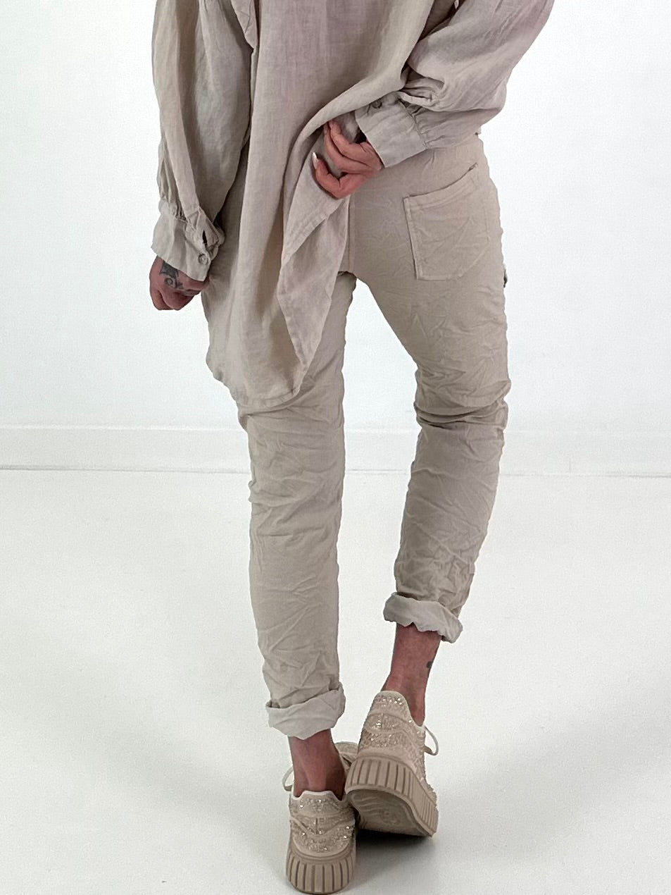 Trousers with denim and sequin details - beige