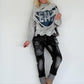 Sweater im Materialmix mit Cut-Outs und Strasssteinen - grau-denim-mehrfarbig