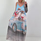 Long dress with a printed design and side pockets - light blue multi-colored