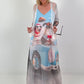 Long dress with a printed design and side pockets - light blue multi-colored