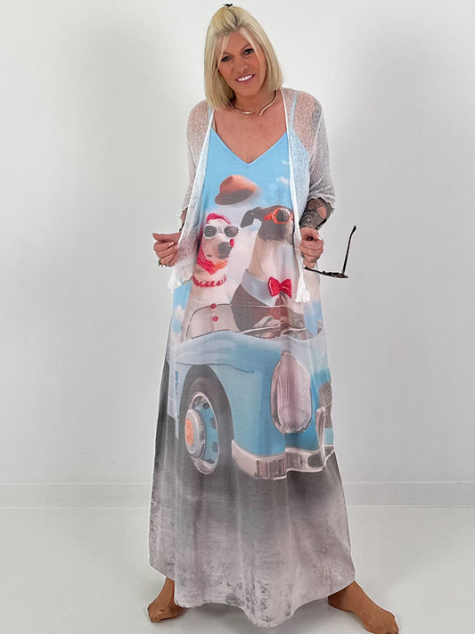 Long dress with a printed design and side pockets - light blue multi-colored