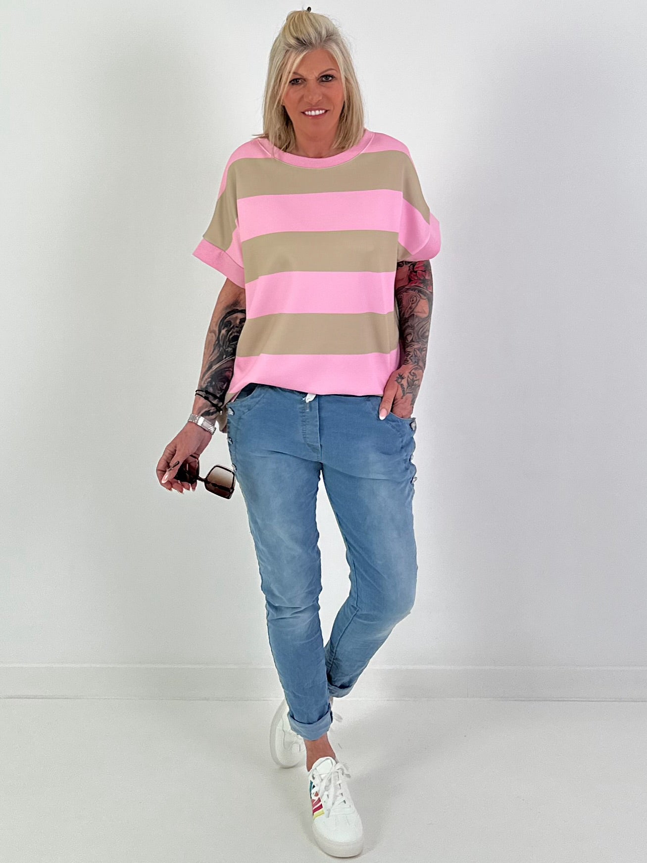 Sweat T-Shirt mit Streifen - taupe-rosa