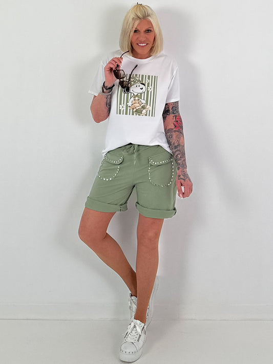 T-Shirt mit Front Comic-Print - weiss-khaki