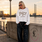 Sweater with purl seams and print - white