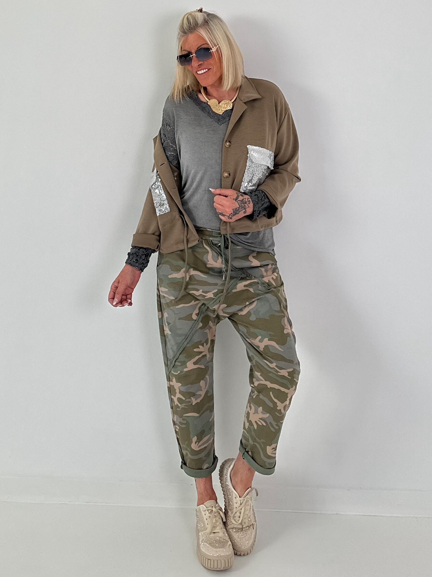 Jacke mit Pailletten Taschen- taupe