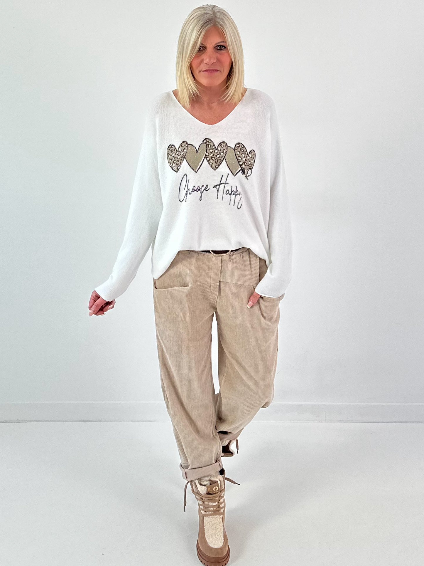 V-hals trui model "Choose Happy" - wit