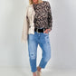 Lace top with leopard print - black-beige
