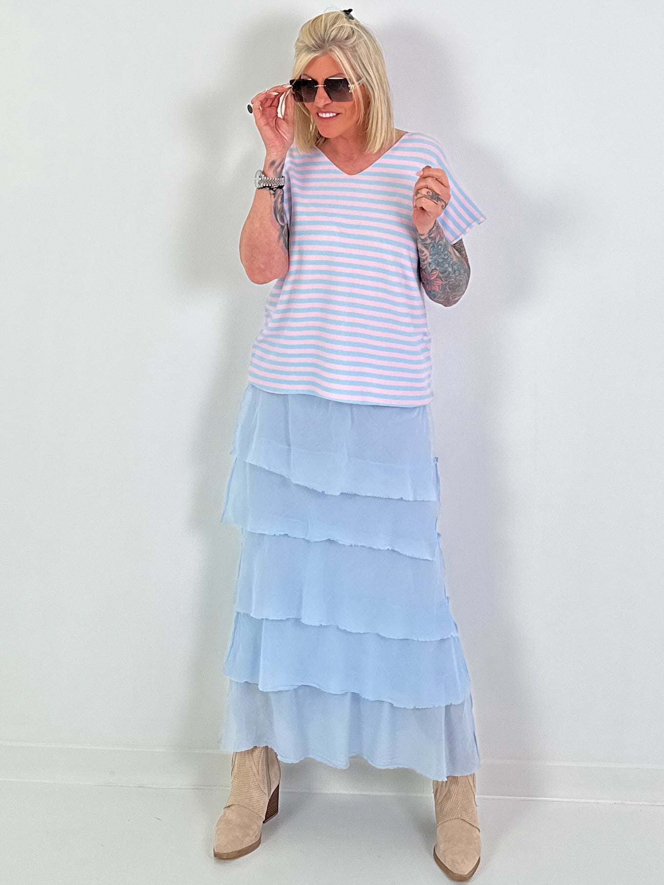 Striped Fine Knit Shirt - light blue-pink