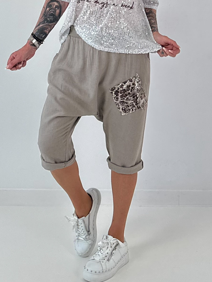 Short linen baggy dress with overlay and sequin details - khaki