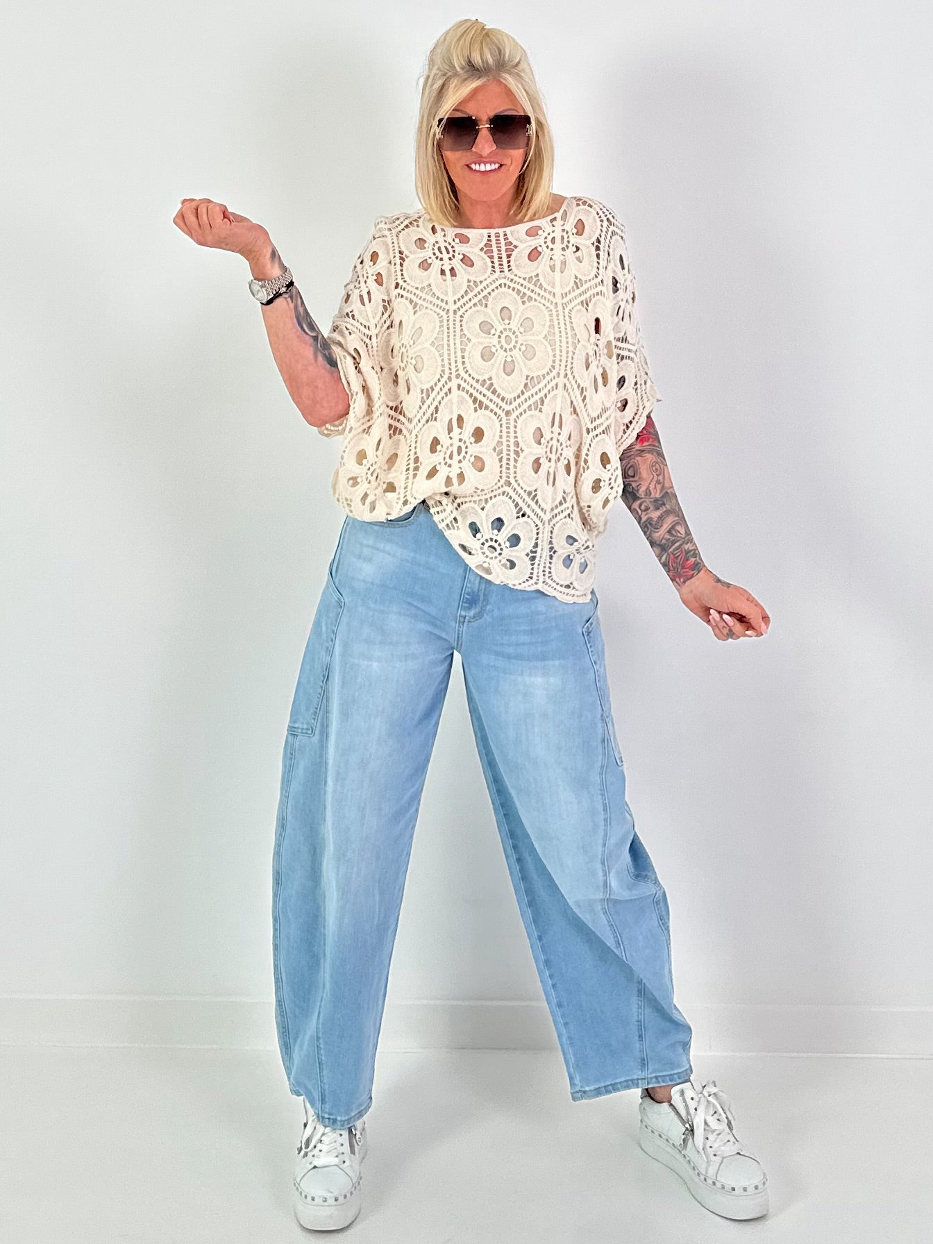Crocheted Top with Undershirt - beige