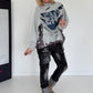 Sweater im Materialmix mit Cut-Outs und Strasssteinen - grau-denim-mehrfarbig