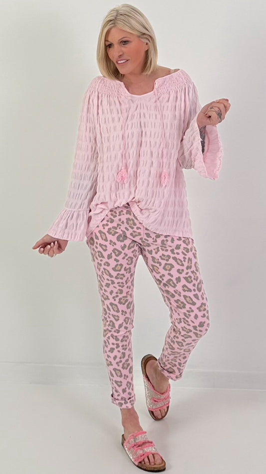 Structured tunic with tie belt and flounced sleeves - pink