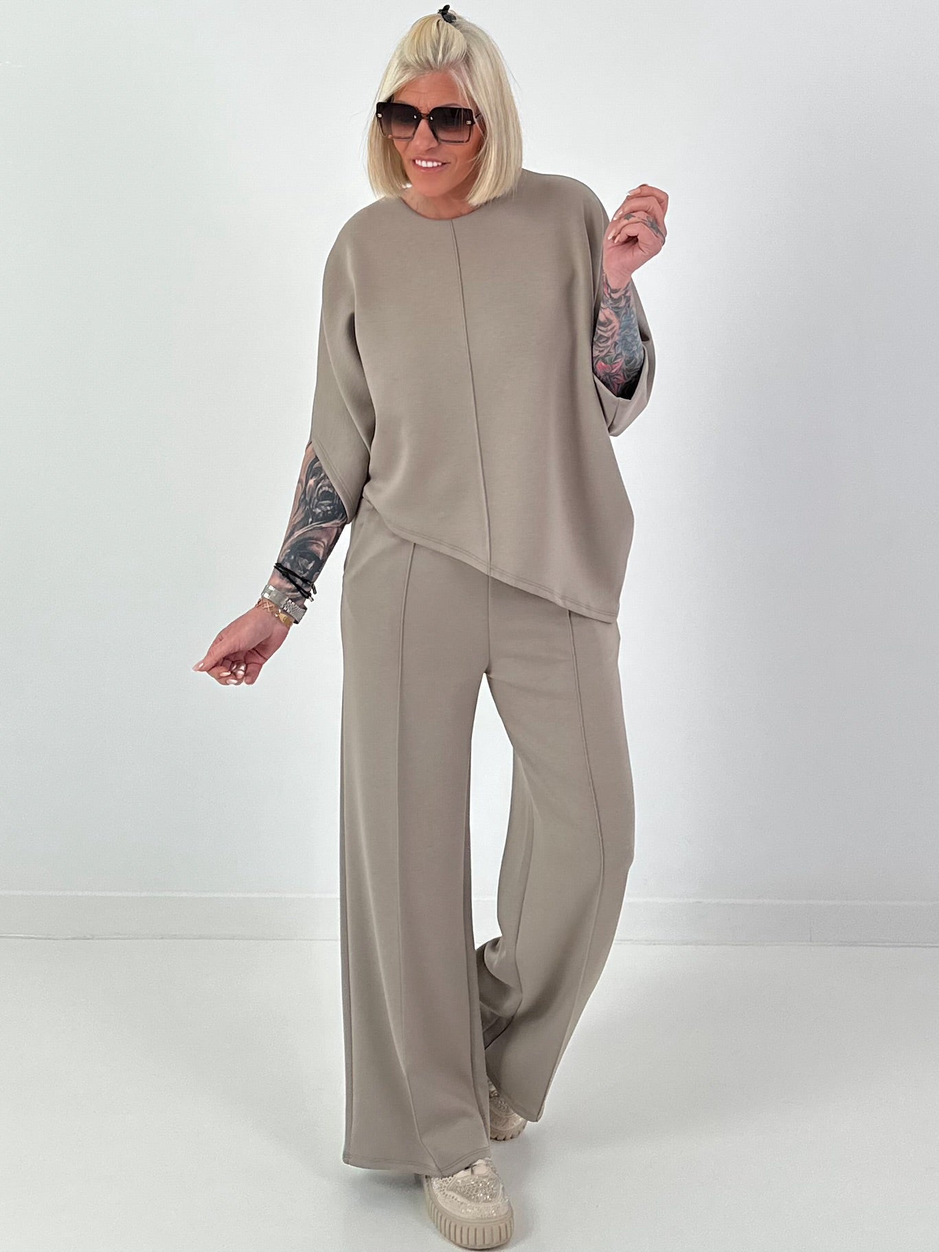 Zweiteiler mit asymmetrischem Shirt - taupe
