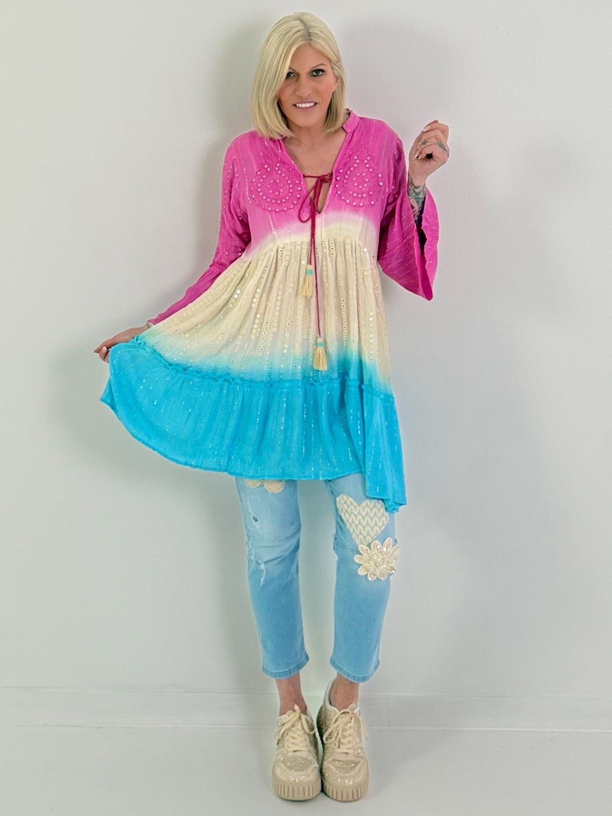 Ibiza Tunika/Kleid mit Lurexnähten - pink-beige-blau