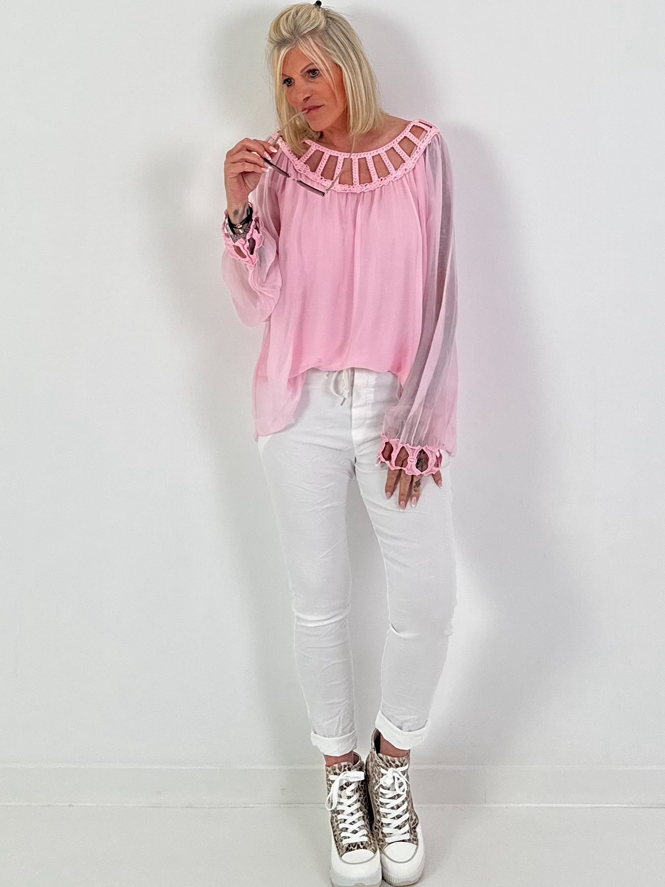 Silk Tunic with Crochet Neckline - Pink