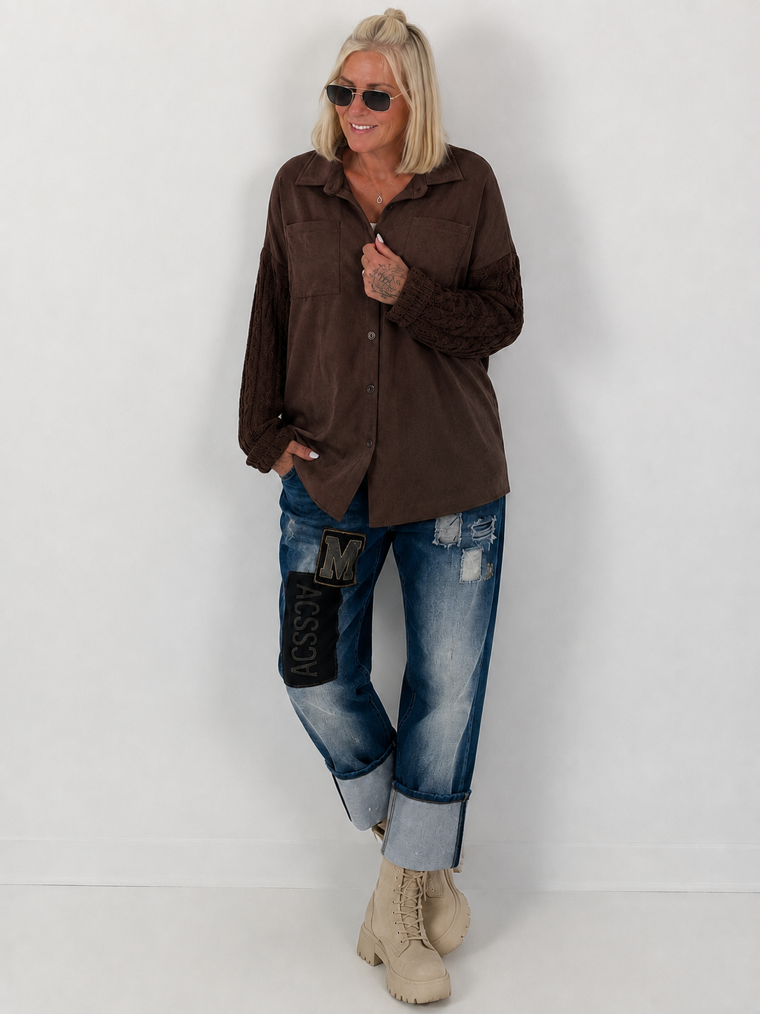 Lässiges Wildleder-Optik Hemd mit Strickarm - mokka