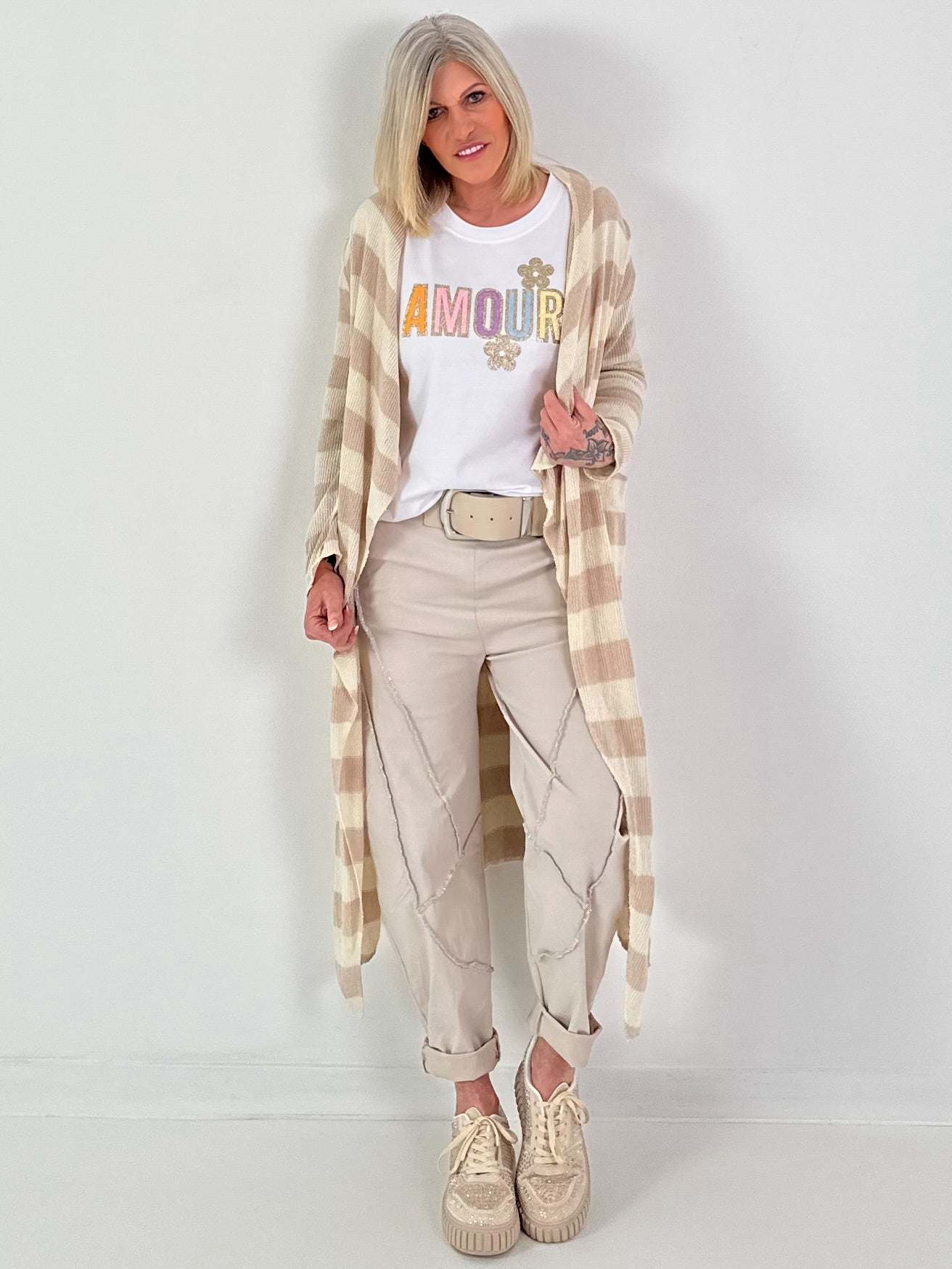 Cotton knit coat with stripes - beige-cream