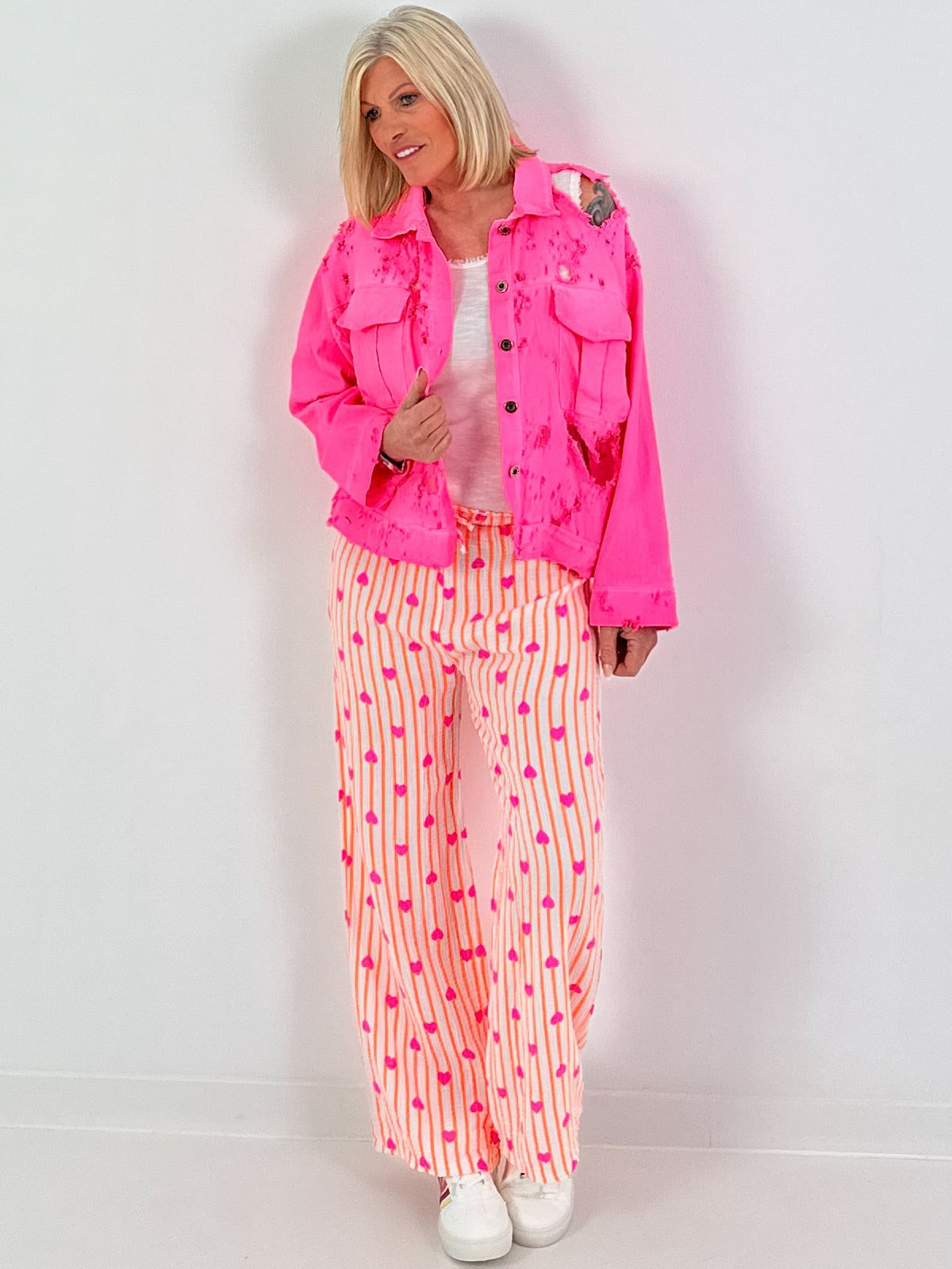Musselin Hose mit Streifen - neonorange-weiss-pink