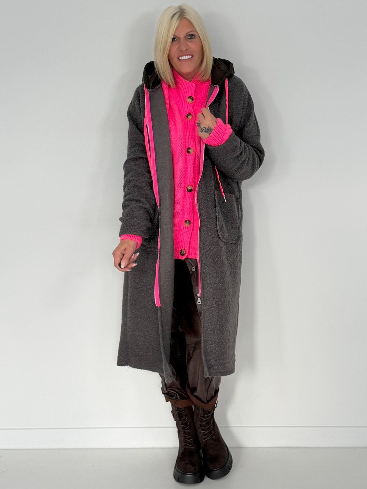 Coat in teddy curl look with neon accents - anthracite