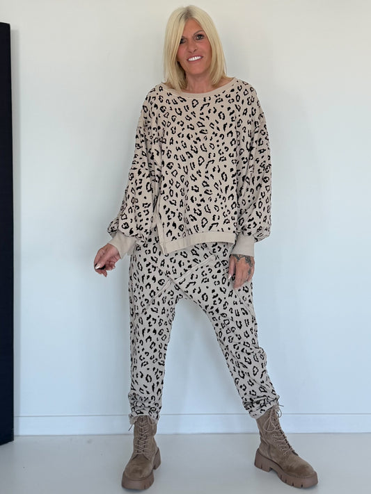 Zweiteiler mit Allover-Leo-Print - beige-mokka