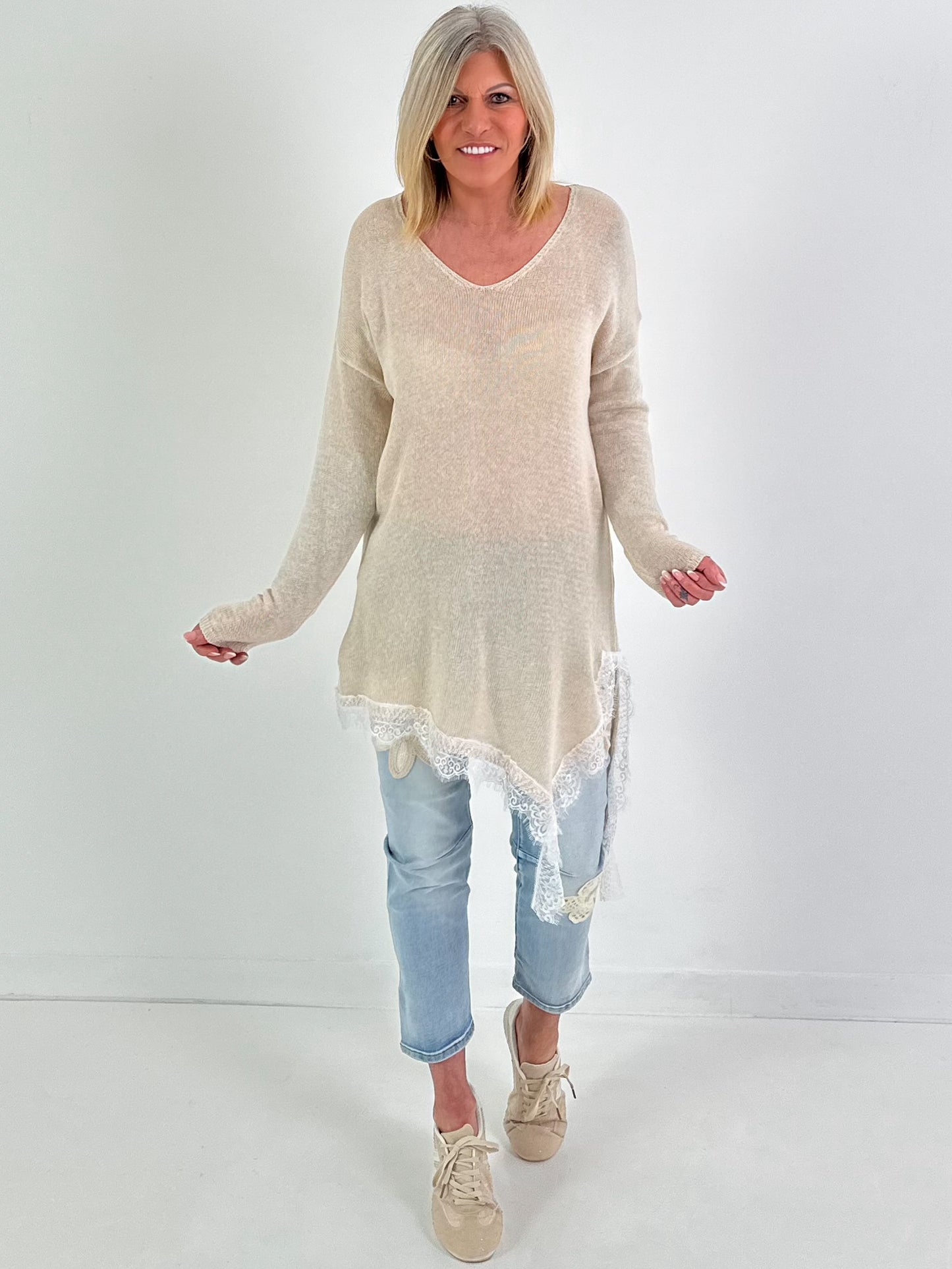 Strickpullover mit Spitze - beige